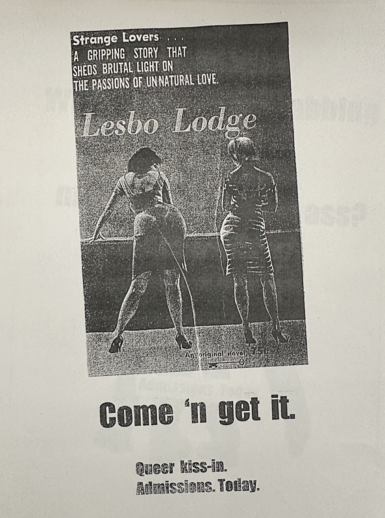 Poster with an image of two women at the center captioned "Lesbian Lodge" and contains information on a queer kiss-in.